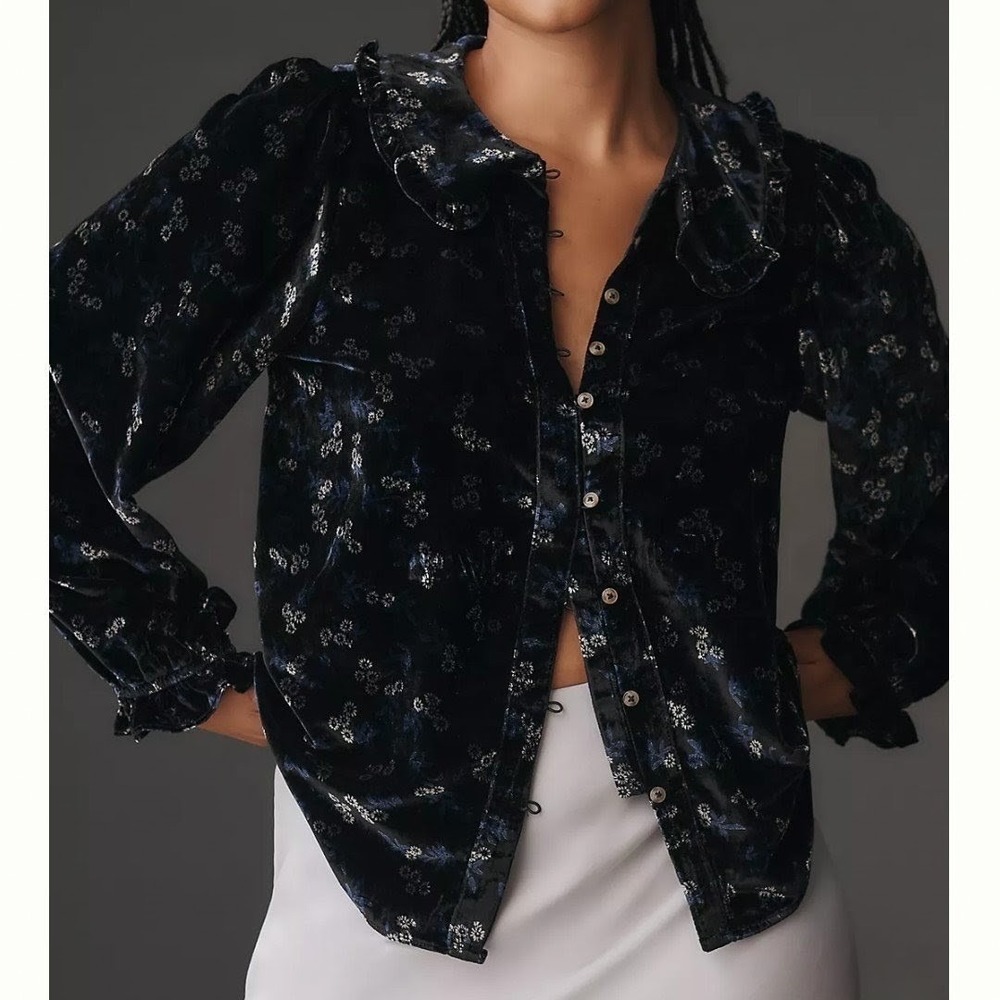 Pilcro Keira Collared Button-Front Blouse Puffed Long Sleeve Black Velvet Floral
